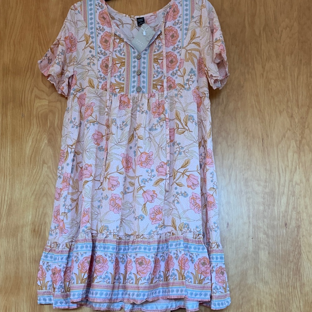 NWT Emery Rose Floral Romantic Boho Cowgirl Dress Baby Pink & Blue Accents sz S